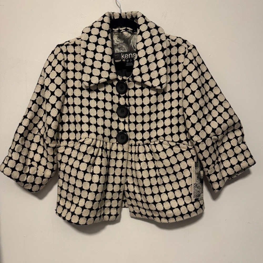 NWT Wool blend Kensie Black White Textured Cropped Jacket peplum blazer Small